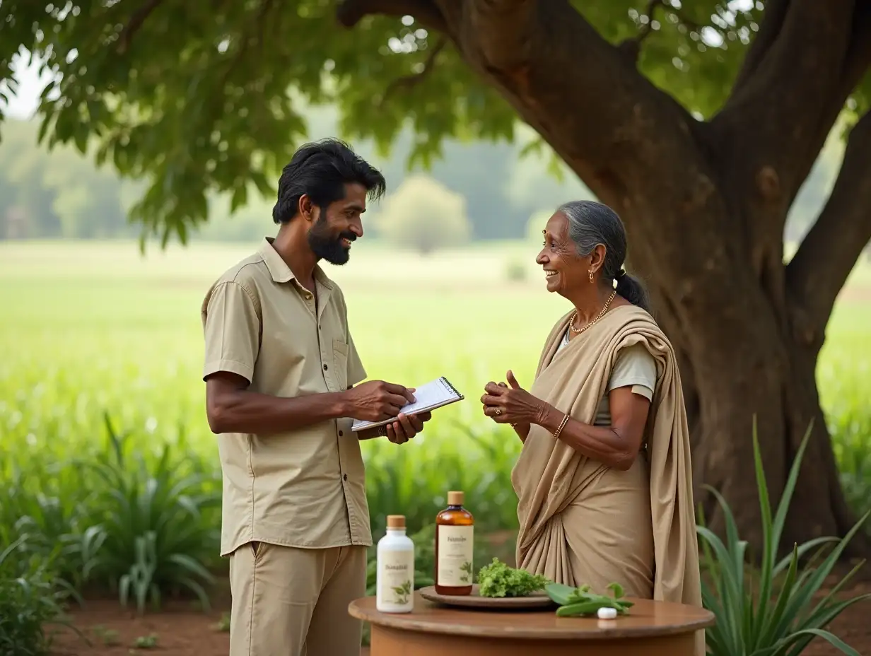 Show Arjun in a serene village setup with his grandmother, discussing Ayurveda under a big banyan tree. Arjun holds a notebook, while his grandmother shows him fresh herbs like neem, tulsi, and aloe vera. In the background, showcase fields of medicinal plants and a small wooden table displaying natural skincare products in eco-friendly packaging. Use a soft green and beige palette to signify nature and purity.