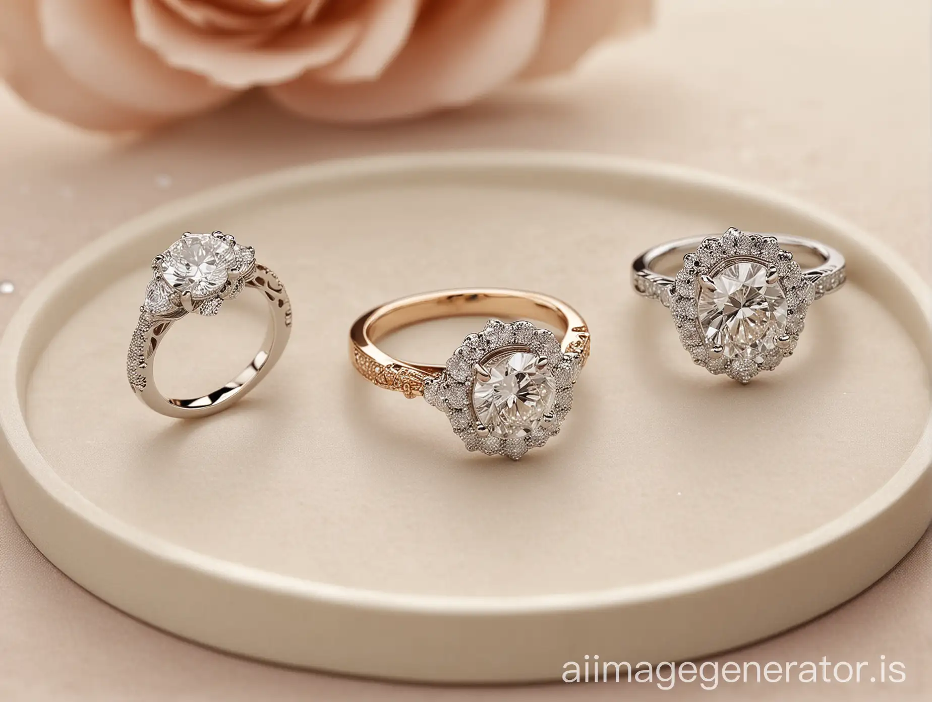 Elegant-Diamond-Engagement-Rings-Displayed-on-Beige-Tray