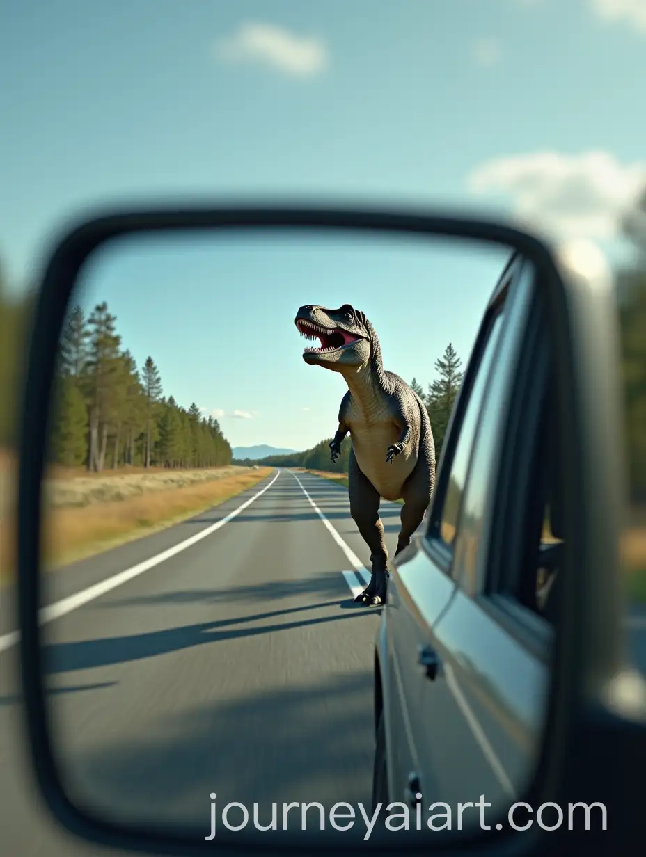 Dinosaur-Reflected-in-Truck-Rearview-Mirror-on-a-Highway