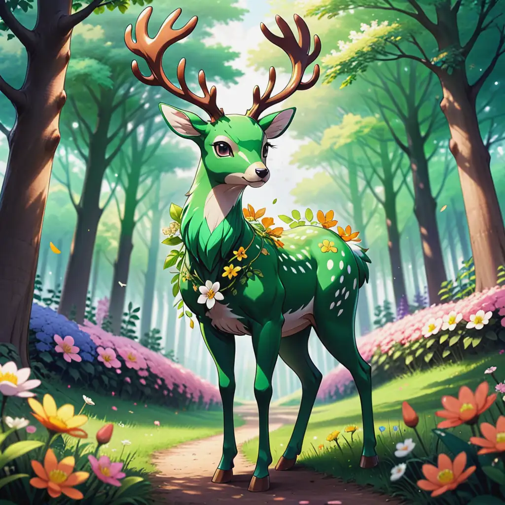 Green Deer Covered in Flowers Anime Cartoon Drawing