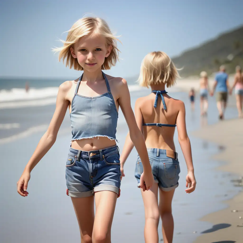 a skinny 10-year-old girl with short blonde hair walking on the beach wearing denim shorts and halter top