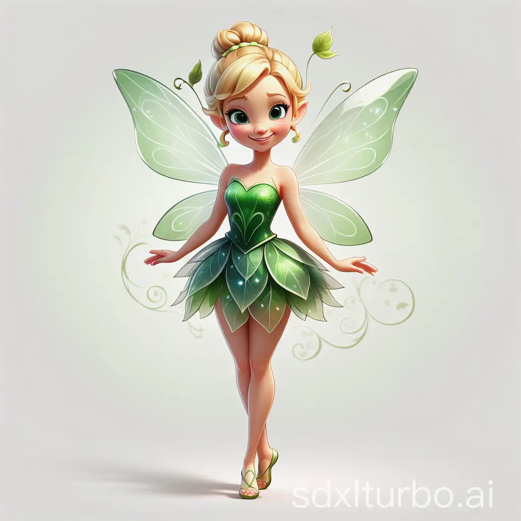 Full body view of a cute cartoon fairy, standing confidently with arms crossed, blonde hair tied up in a bun, short green leaf dress, translucent sparkling wings, positioned slightly to the right side of a simple white background with elegant floral swirls, legs close together, smiling, Disney animation style, clean and minimalistic, with empty space around her for adding a shadow.