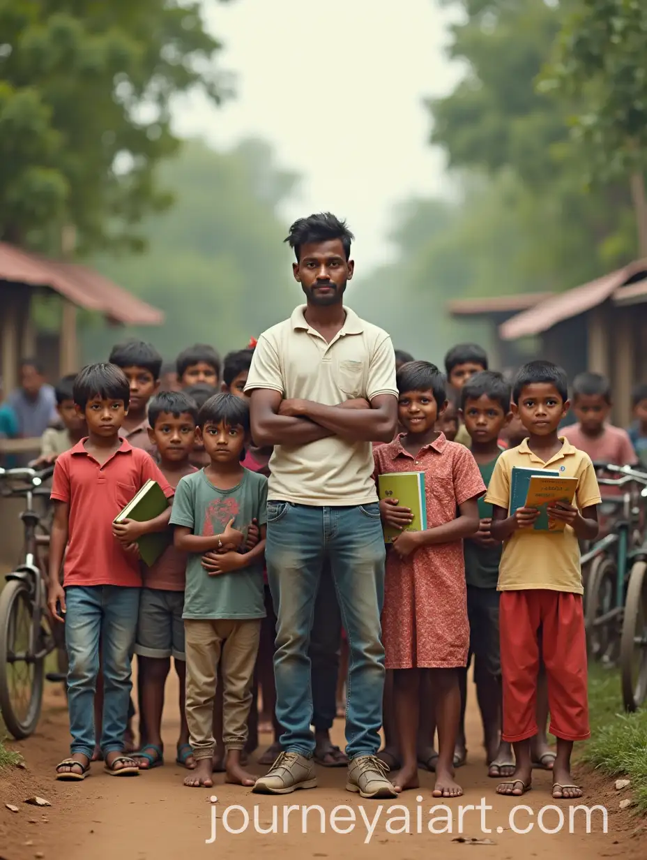 Indian-NGO-Worker-with-Children-in-Vibrant-Rural-Setting