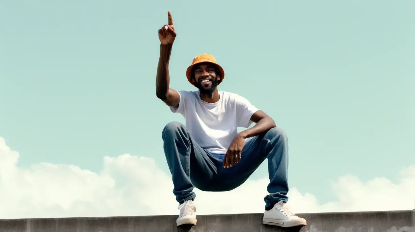 a skinny black man with a beard in a bucket hat dressed casually, smiling as he sitting on a ledge pointing up with his hand to the sky. full body wide shot from a distance white sneakers