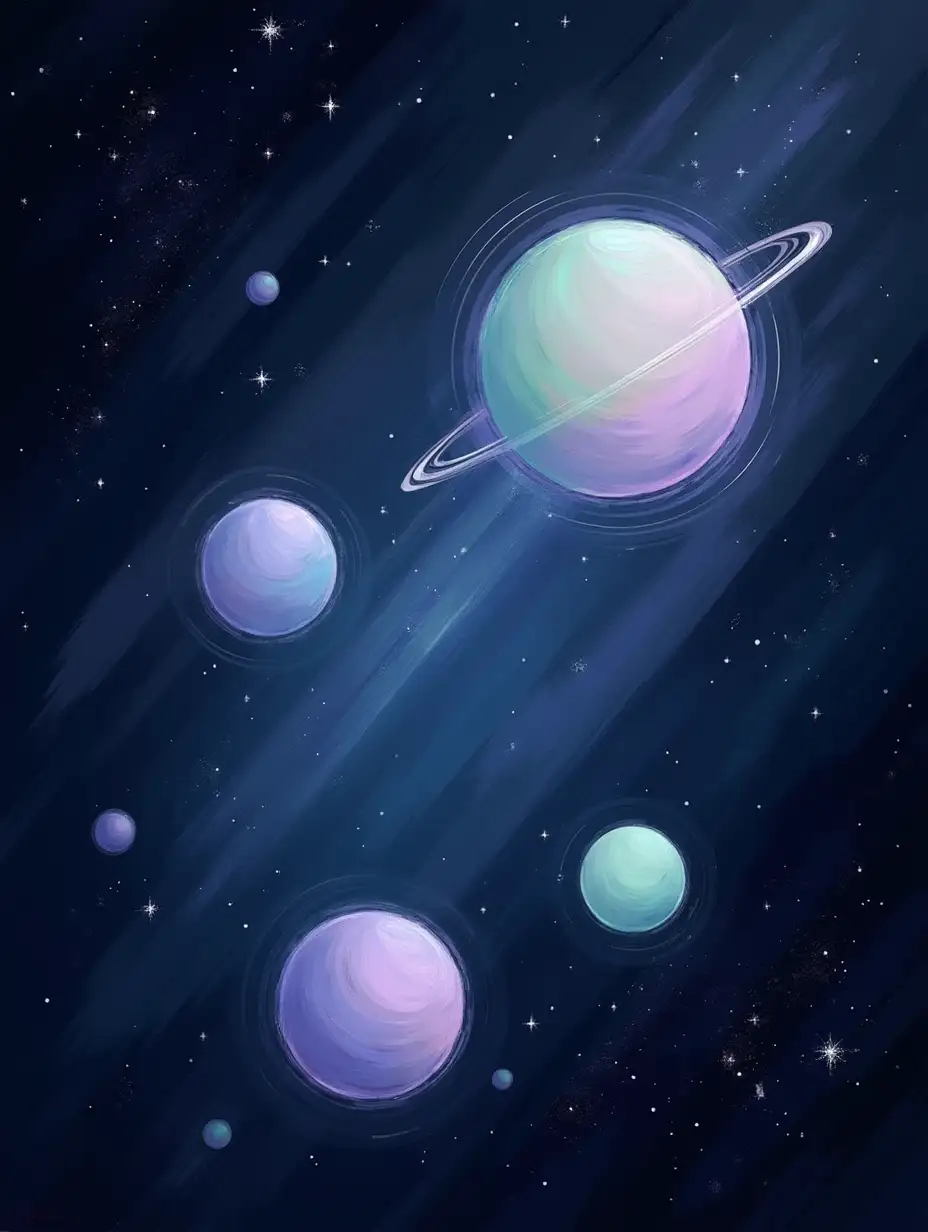 Create an abstract painting with a dark, swirling galaxy-like background in deep black and indigo brushstrokes, layered with floating pastel orbs in soft lavender, mint green, and pale pink. Add faint glows and translucent rings around the orbs to make them appear like alien planets suspended in space.