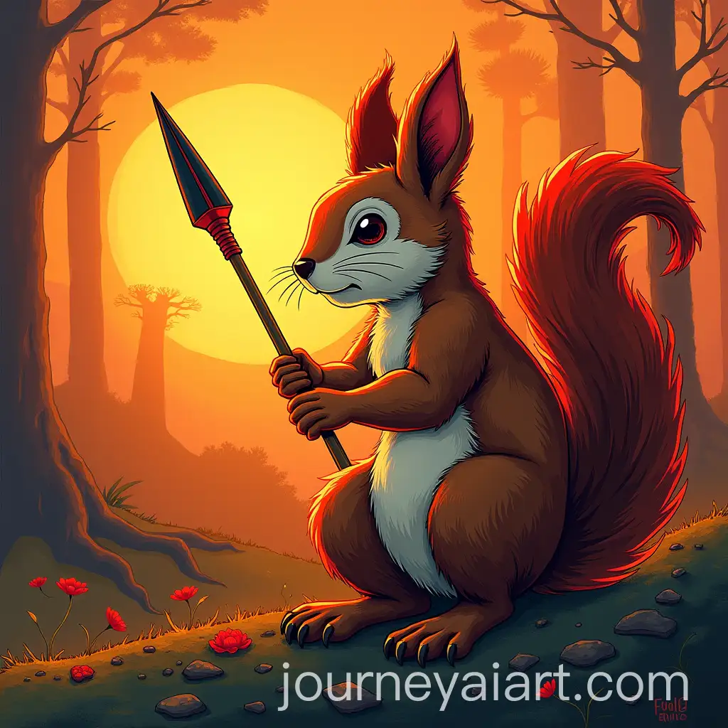 Aries-Squirrel-with-Fiery-Energy-Holding-a-Spear-at-Sunrise-in-Forest