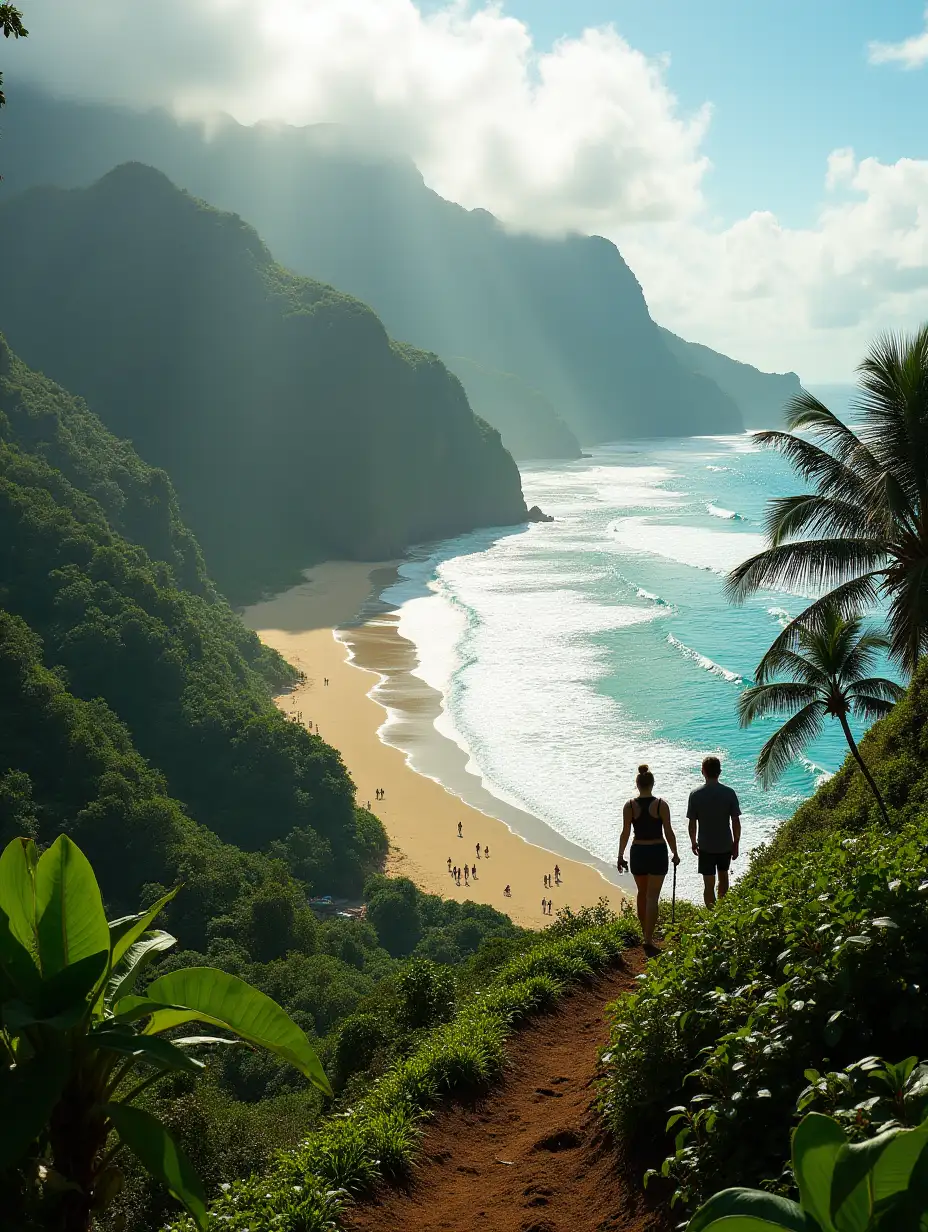 A breathtaking panoramic view of Costa Rica’s diverse landscapes, captured in ultra-high-definition with a Nikon D850. The shot spans from lush green mountains, covered in mist, to vibrant tropical rainforests and pristine white-sand beaches meeting the clear blue ocean. Adventurers fill the scene: hikers making their way through the jungle, surfers riding the waves, and a couple relaxing under the shade of palm trees. The golden sunlight enhances the dramatic shadows and the vivid colors, creating a cinematic effect that evokes freedom and excitement.