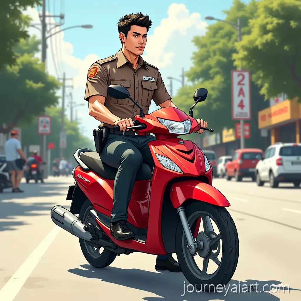 Athletic-Thai-Police-Officer-Riding-Honda-WaveThai-police-officer-riding-motorcycle-125-Motorcycle-in-Urban-Setting