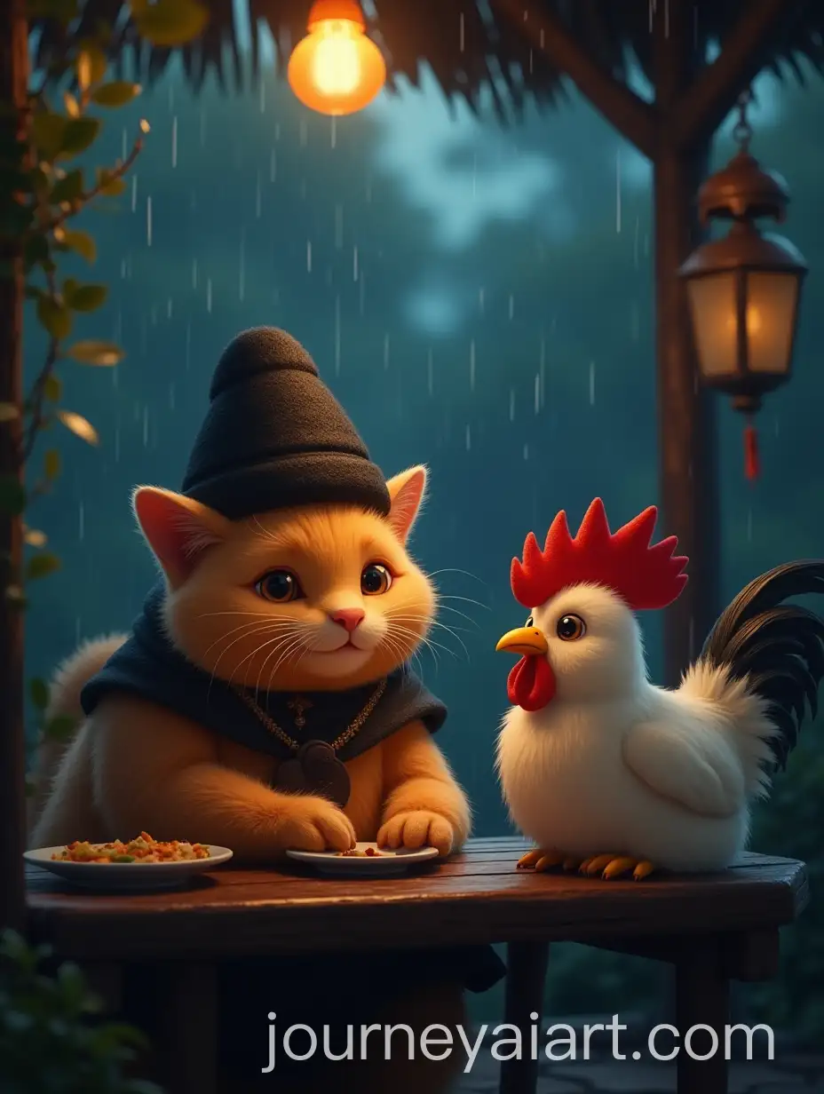 Chubby-Anthropomorphic-Angora-Cat-and-Rooster-at-Village-Warung-onAI-Image-Prompt-Expansion-a-Rainy-Night-in-Indonesia