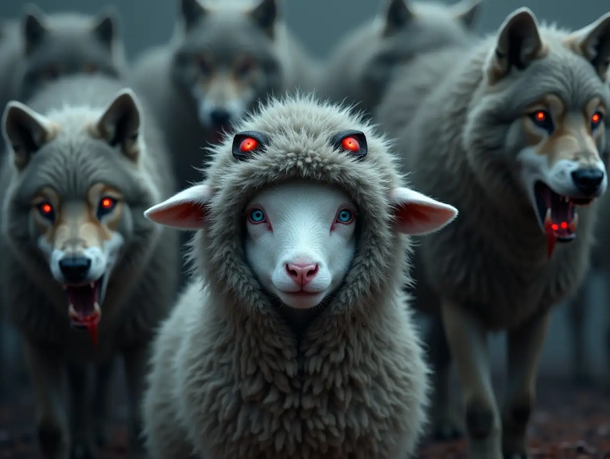 A scared little white sheep with blue eyes and a capful of gray wolf-like hood with sharp ears and red wolf eyes on it, looking like a gray wolf pelt covered in thick gray wolf fur, covering most of the sheep's face. Surrounding the sheep is a pack of terrifying gray wolves with bloody, bared long fangs, fiery red eyes, and dirty gray fur. The sheep does not stand out from the crowd. Photorealism.