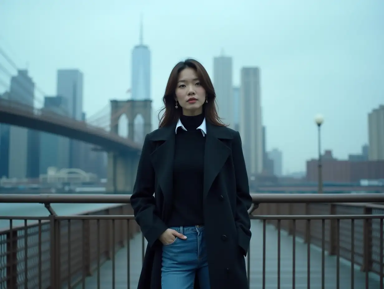 A photo-realistic DSLR production with utmost per pixel image quality. This wide-angle shot captures a cityscape, with a woman standing in front of a bridge railing. The background features a foggy urban skyline, including skyscrapers and the Brooklyn Bridge, creating a moody, atmospheric setting. The lighting is subdued and overcast, casting a cool, blue tone over the scene.nnThe woman, of Japanese and Hongkongese descent, appears to be in her late thirties. She presents a sophisticated and composed demeanor. She stands casually, leaning slightly against the railing, with one hand in her pocket. Her posture is relaxed, yet elegant. Her bust-waist-hip ratio is approximately 34-26-35, giving her a slender, proportionate figure. She's dressed in a long, dark coat over a black sweater and a white collared shirt, paired with blue jeans. The outfit is classic and understated. Her dewy, delicate, and supple skin has a fair complexion, complementing her overall appearance. The woman has asymmetric hands and feet, and on each limb only 5 fingers or toes.