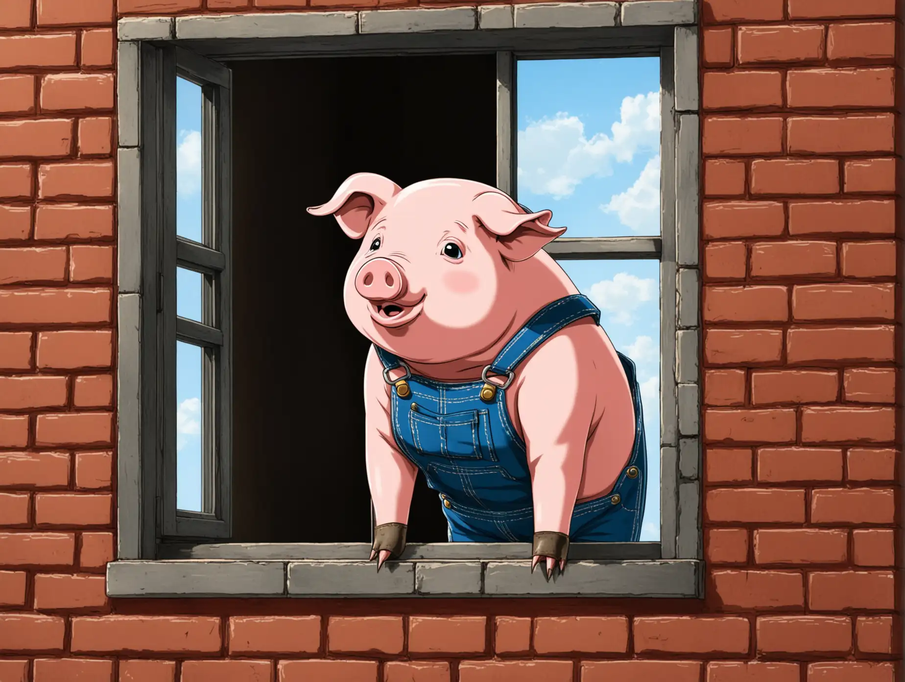 Pig in Overalls Standing in Brick House Looking Out Window