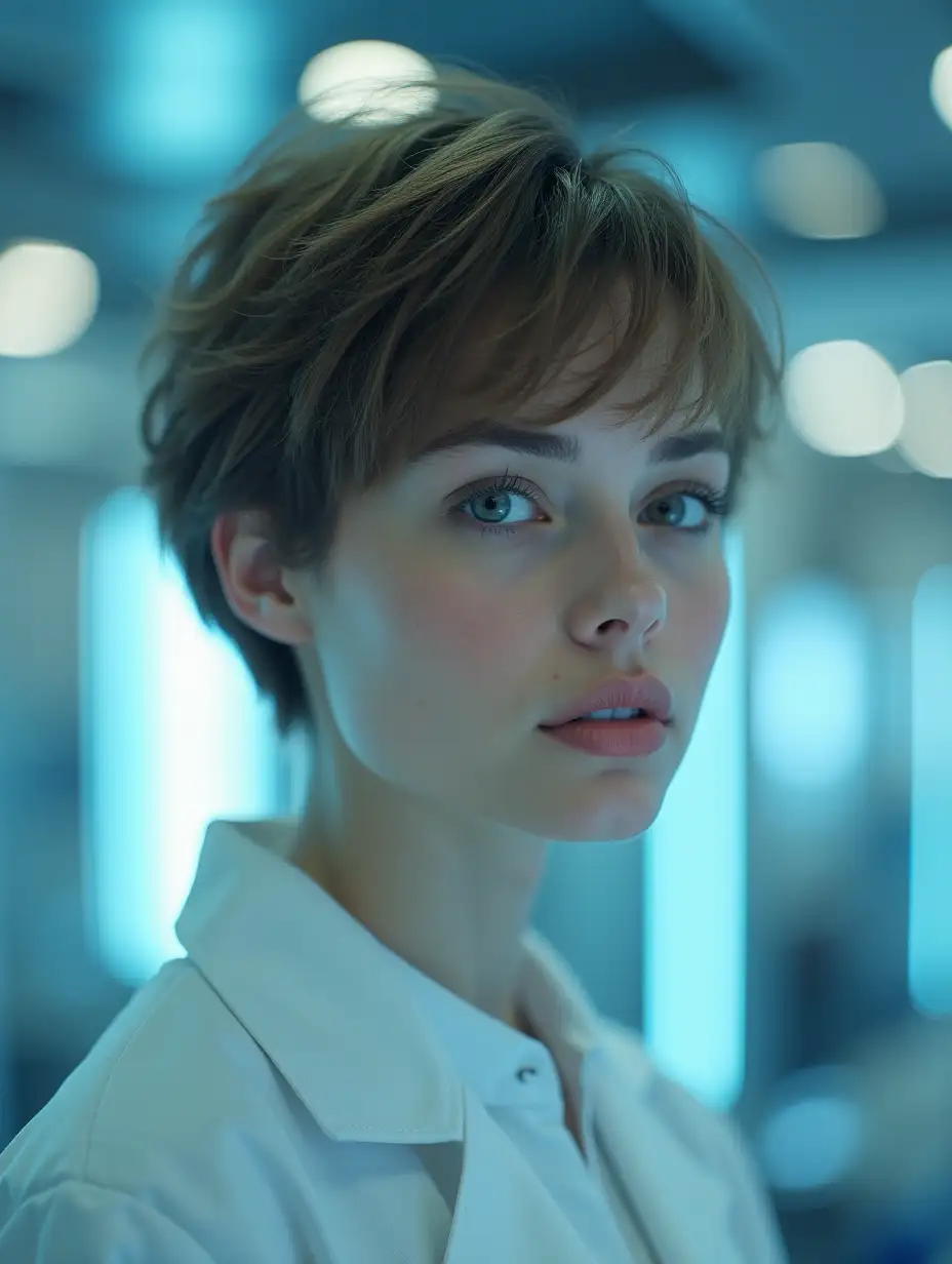 a portrait of a 22 year old woman in a futuristic lab, short hair