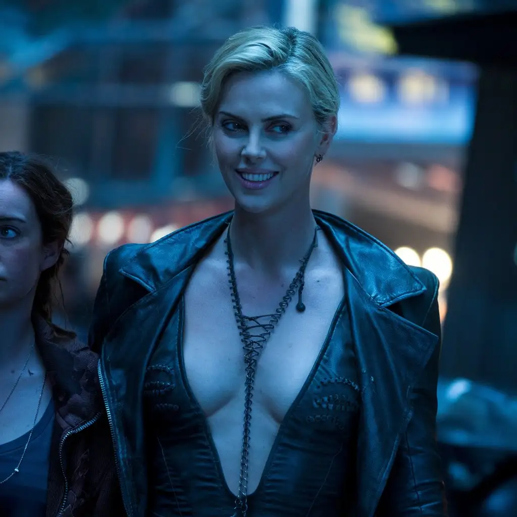 Evil crazy smile executioner Charlize Theron with deep neckline stands next to a female , photo, cinematic, 4k