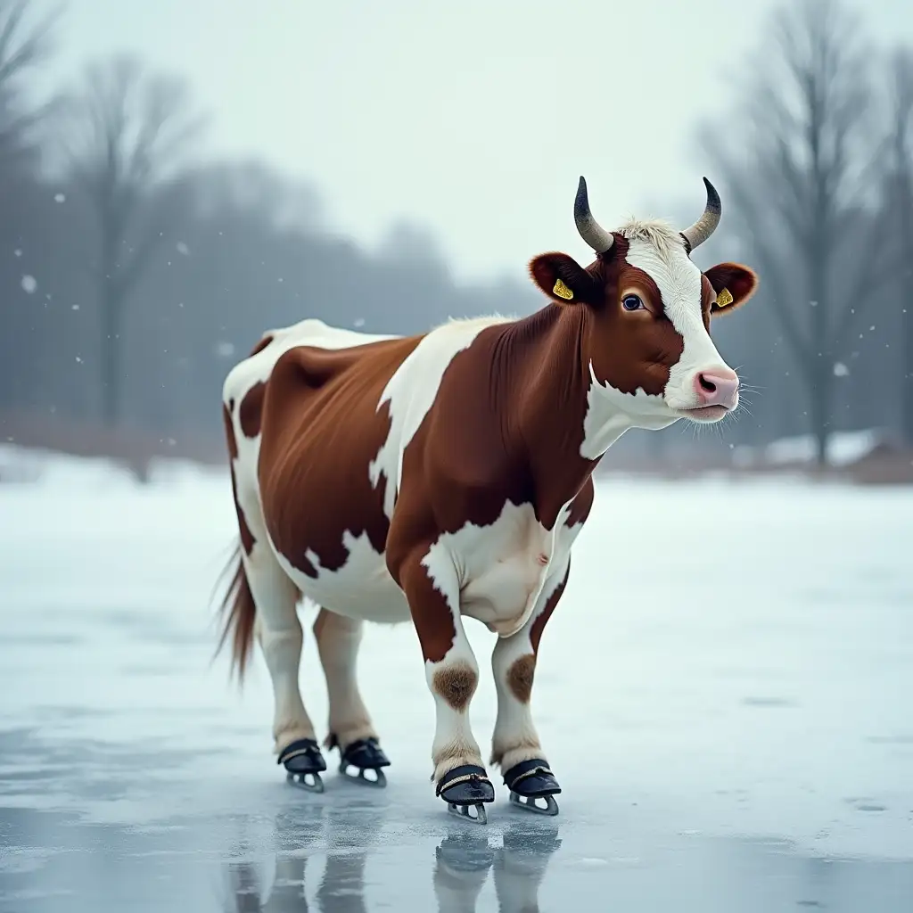 cow on ice skates on the ice