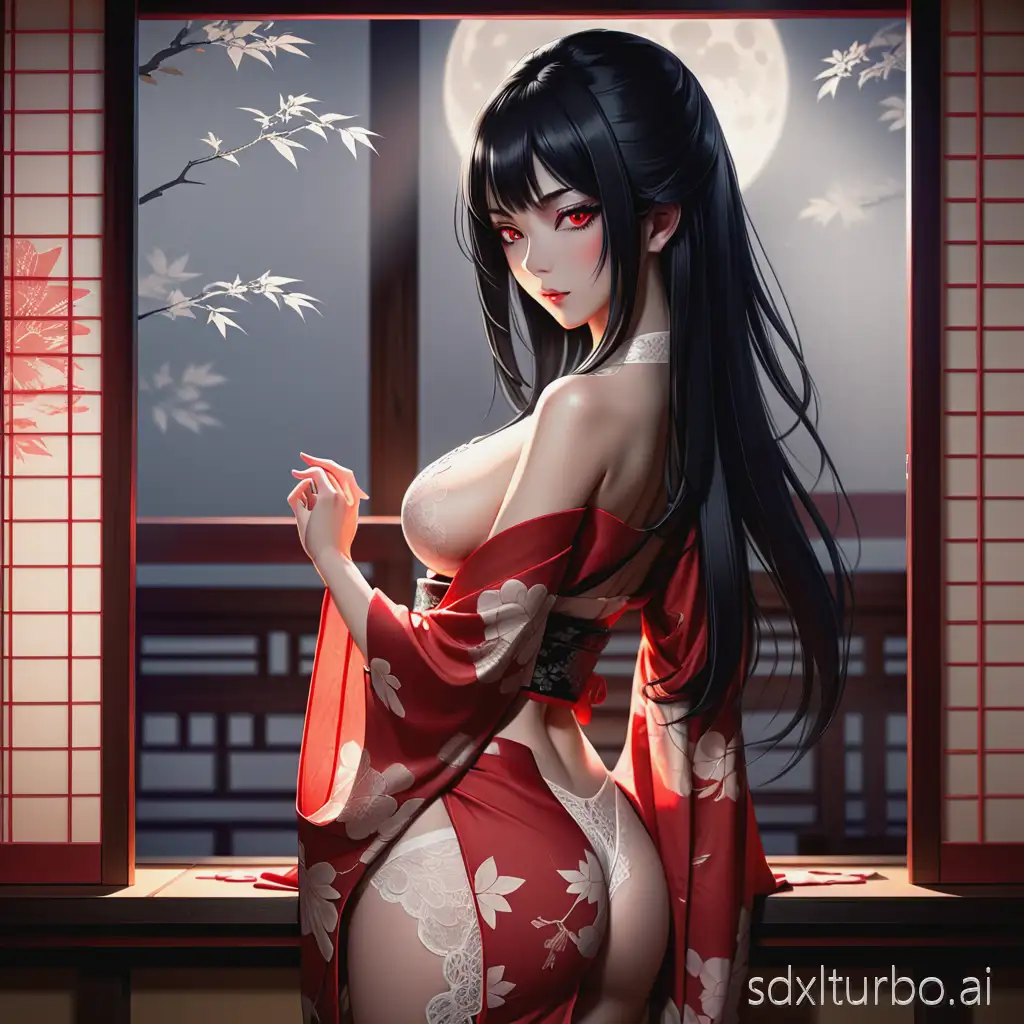 A beautiful anime woman with long black hair and red eyes, wearing a slightly open kimono slipping off her shoulders, revealing delicate lace lingerie, posing seductively near a traditional Japanese shoji window with soft moonlight casting shadows on her skin, elegant and sensual expression, smooth skin, highly detailed, soft lighting, warm tones, art style inspired by Shunya Yamashita and CLAMP