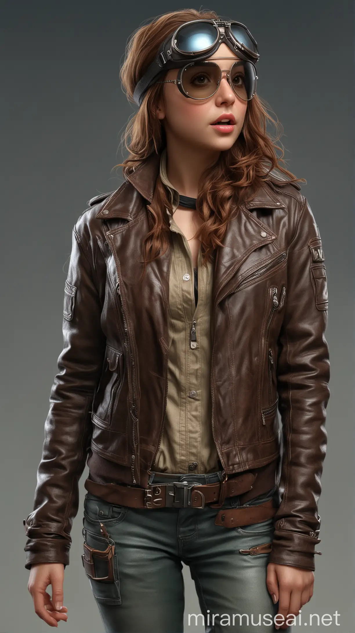 Hyper Realistic Portrait of Amelia in Aviator Outfit with Leather Jacket Goggles and Cap