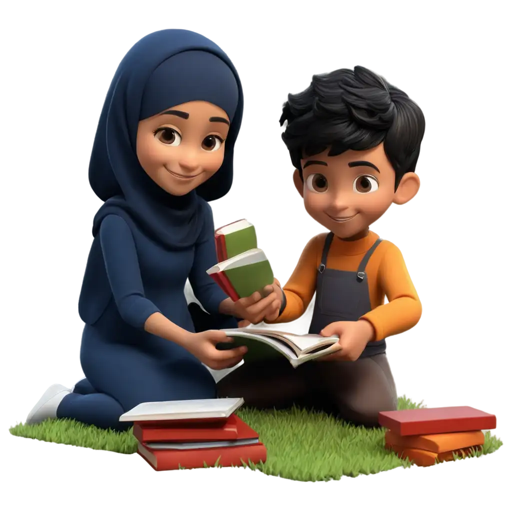 3D-Illustrative-PNG-of-Muslim-Kids-Reading-Sharing-and-Helping-Each-Other-with-Smiles