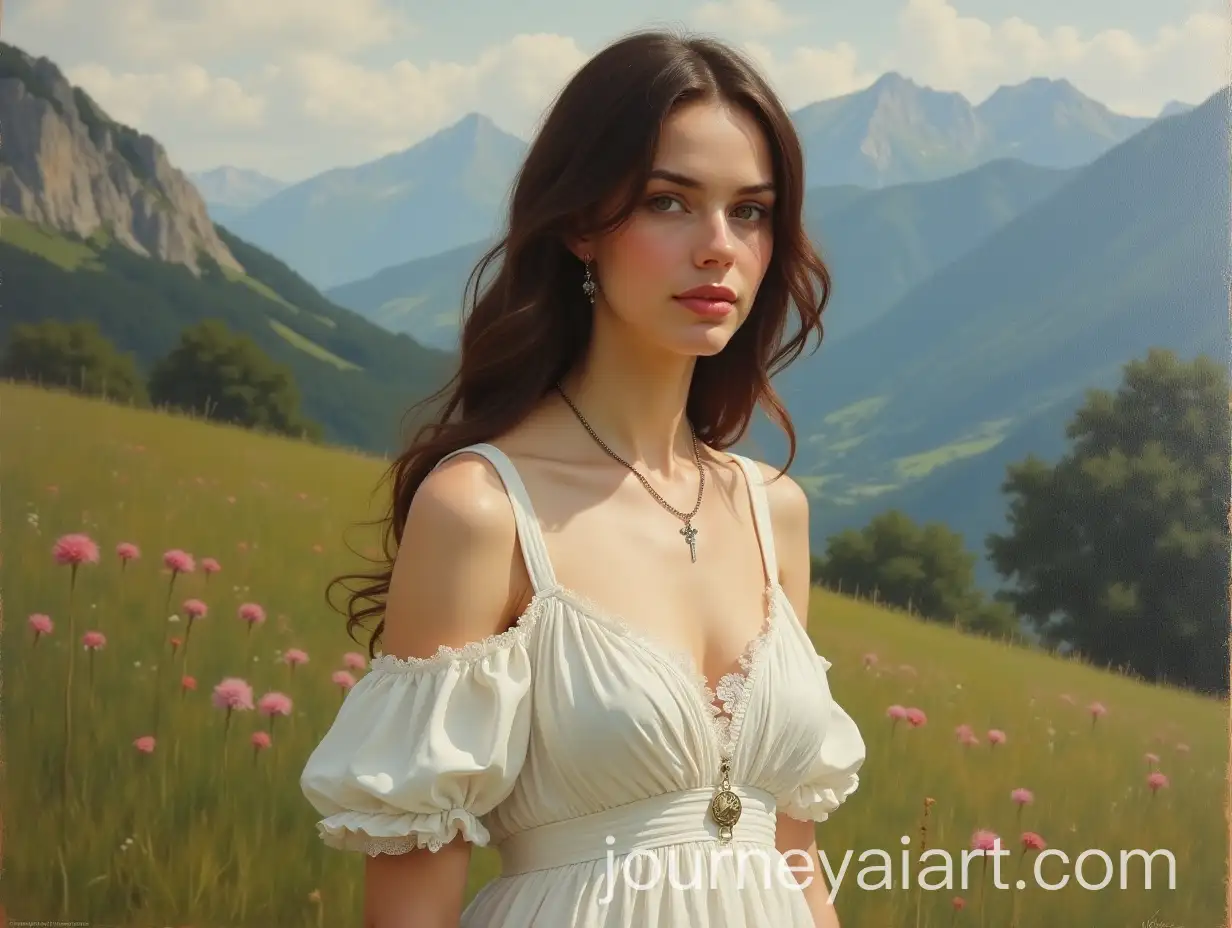 Elegant-Young-Woman-in-Classical-Roman-Dress-Amidst-Alpine-Summer-Landscape