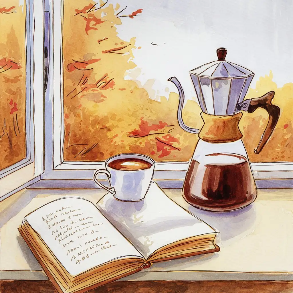 a vector logo design,with the text "Sleep boutique by Svetlaya", main symbol:user_prompt: Picture aspect ratio 9:16: Autumn morning at the window, a turk (coffee pot) and a cup of coffee on the windowsill, an open book. Watercolor drawing.,complex,clear background