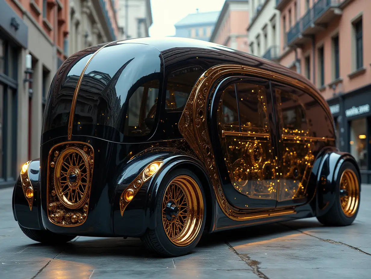 A supermodern utopian sports omnibus with gears, lowered body, 18-inch rims, aluminum wheels, black gold, Cyberpunk.