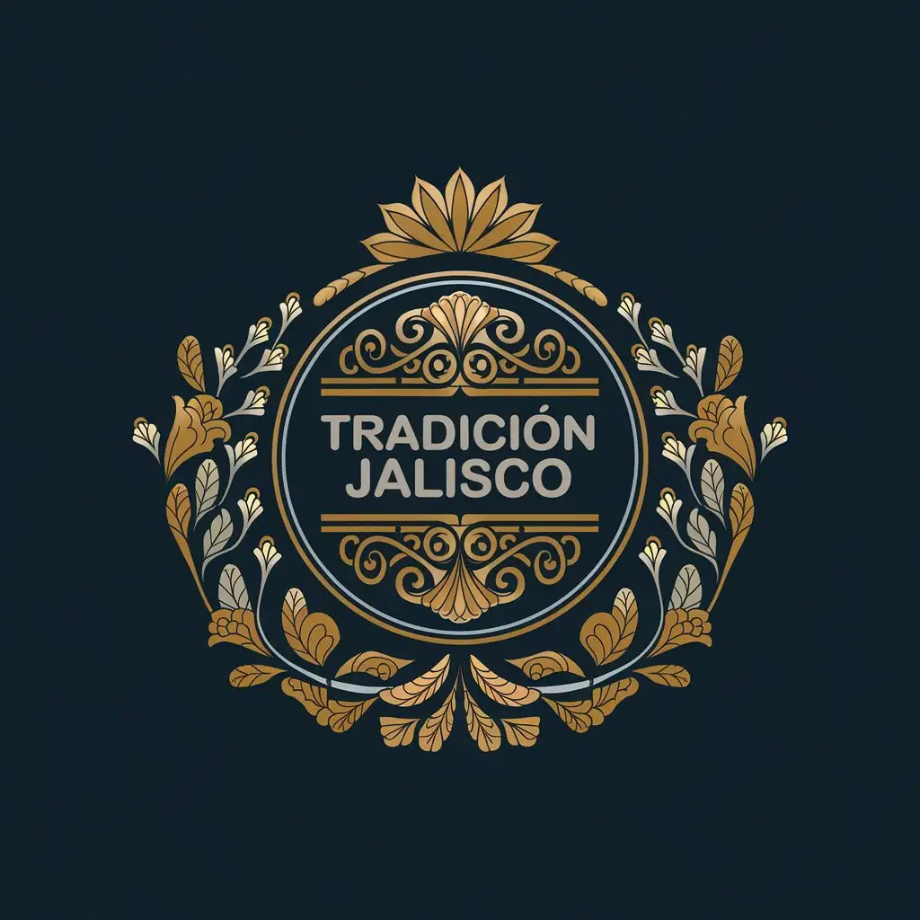 LOGO Design for Tradicin Jalisco Gold Ornamental Circular Emblem with Floral and Agave Motif