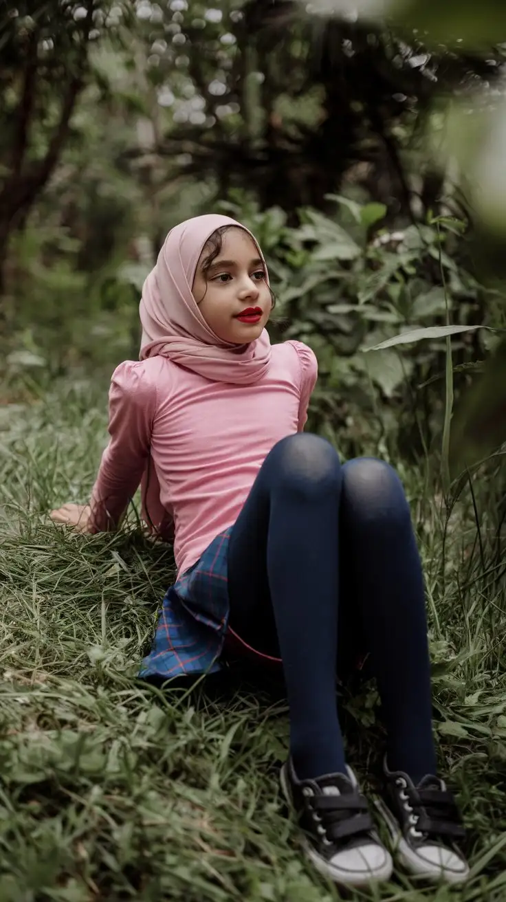 14YearOld-Girl-Relaxing-on-Grass-in-Jungle-with-Pink-Outfit-and-Converse-Shoes