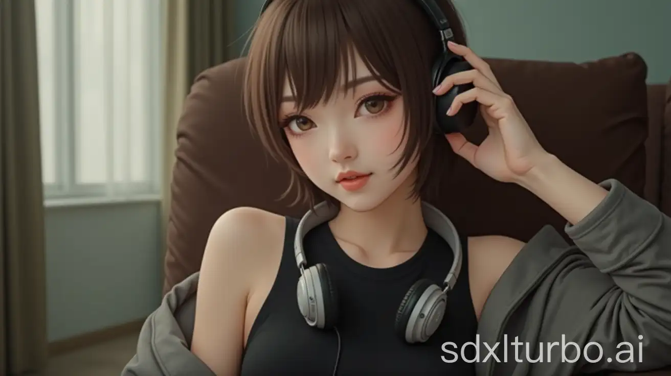 Beautiful-Chinese-Woman-Listening-with-Headphones