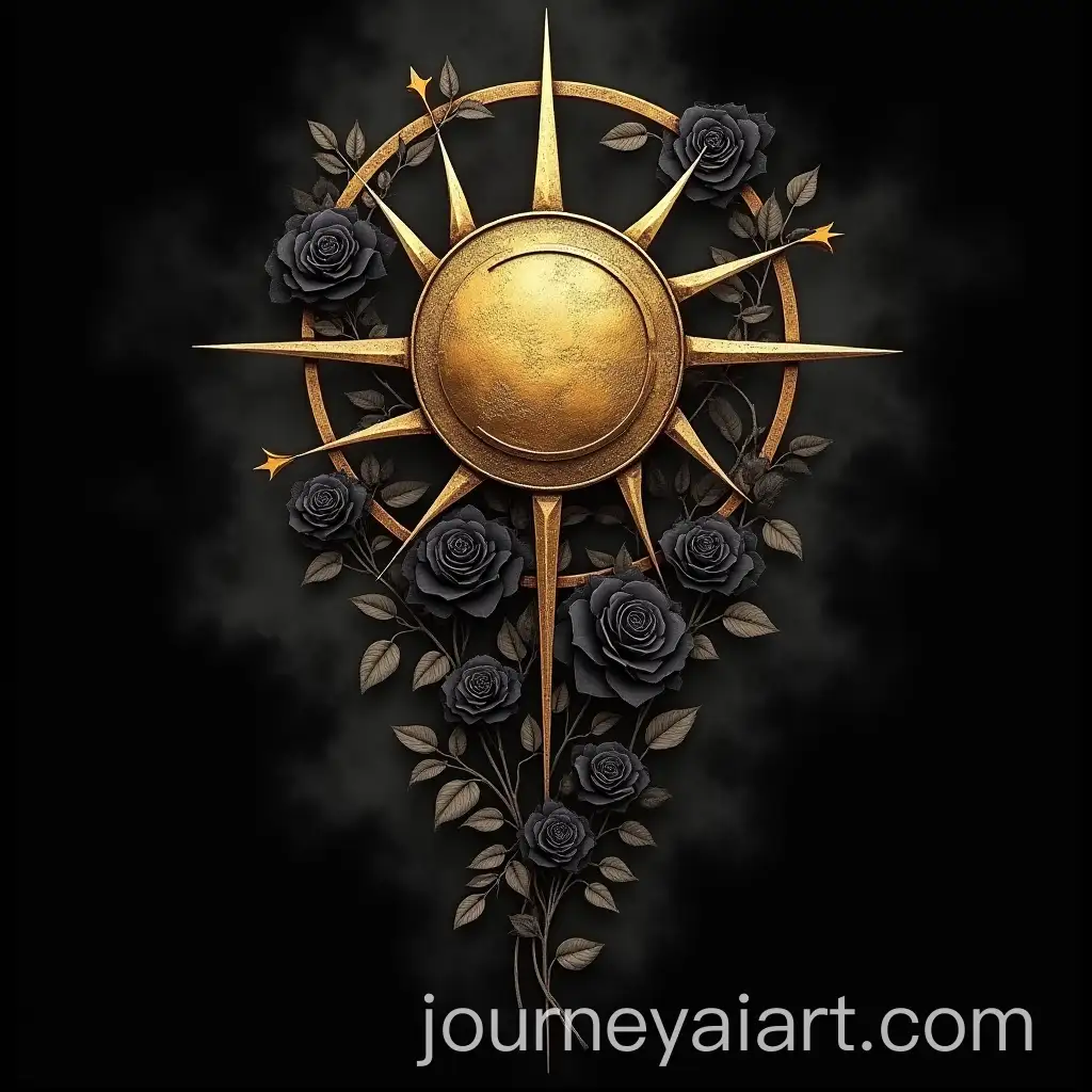 Gold-Nilfgaard-Sun-Tattoo-Design-with-Black-Roses-and-Vines