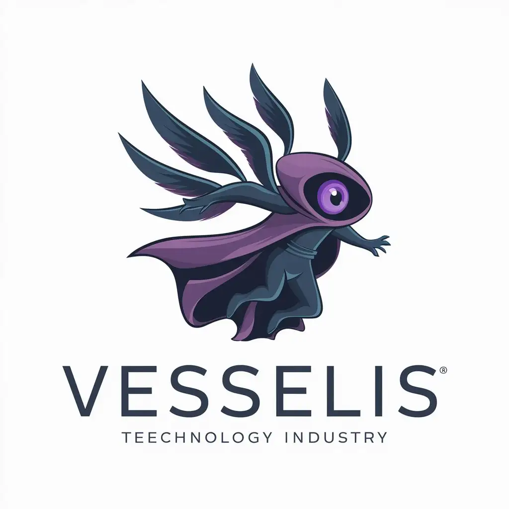 a logo design,with the text "Vesselis", main symbol:a mystical creature floating in the air, the creature is dressed in a purple long cloak, instead of a head it has a purple eye, it has 6 dark wings coming out of its cloak,Moderate,be used in Technology industry,clear background