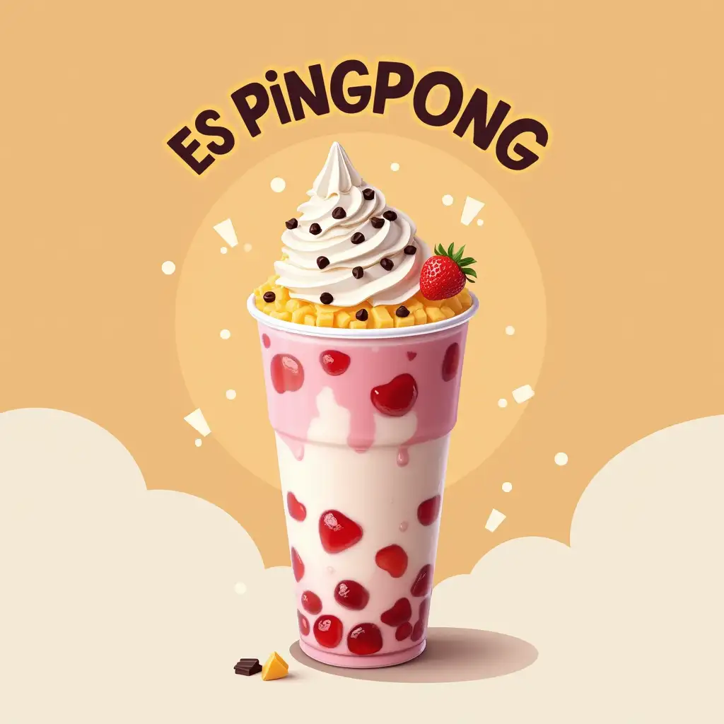 The original image text logo reads 'ES PONGPONG', a picture of fruit ice in a take away glass containing small pieces of fruit mixed with white liquid milk and topped with ice cream and sprinkled with cheese flakes and chocolate chips.