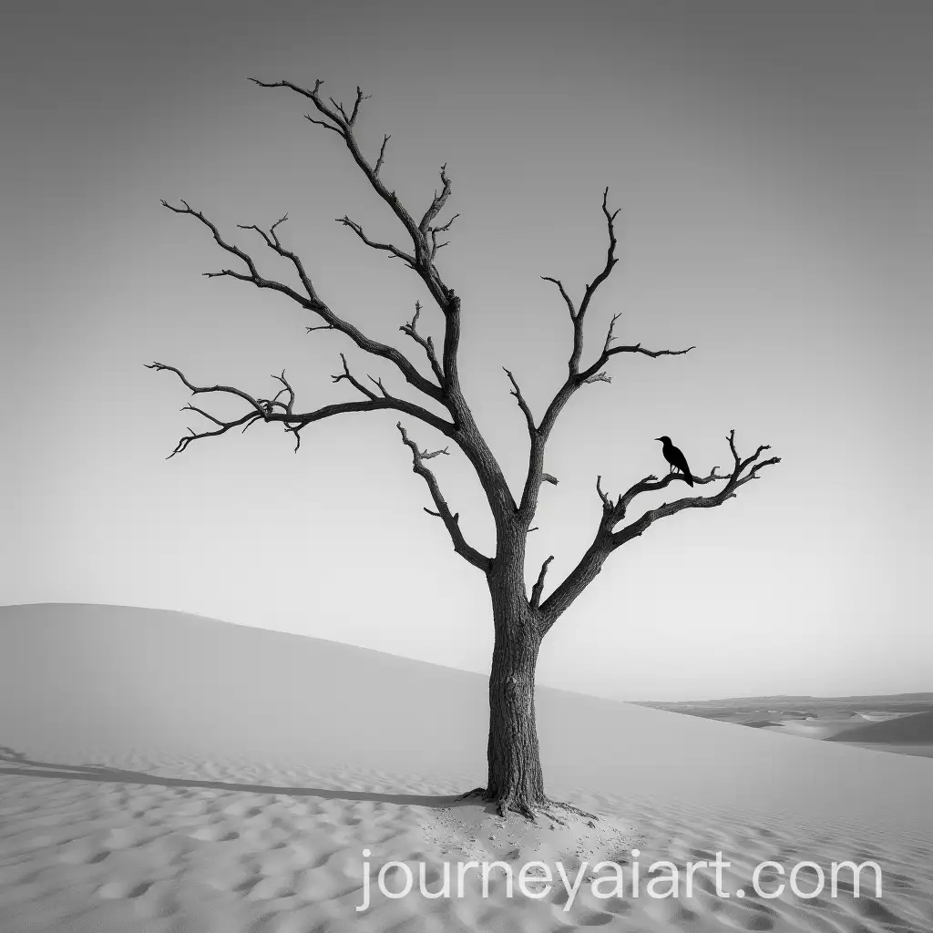 Black-and-White-Long-Exposure-of-Dry-Tree-and-Black-Bird-in-Deserted-Sand-Dune