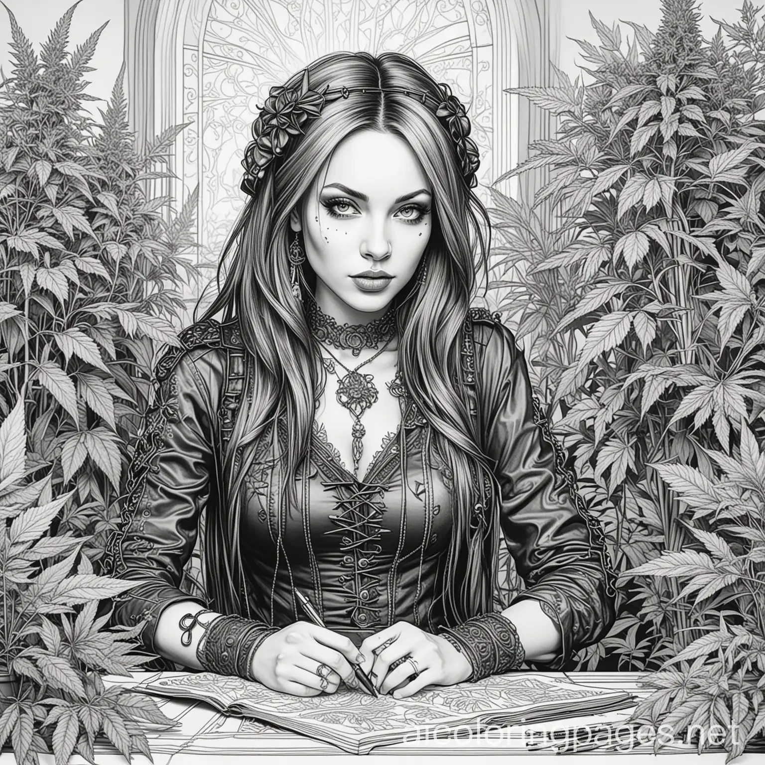 Gothic-Punk-Woman-in-a-Marijuana-Dispensary-Coloring-Page