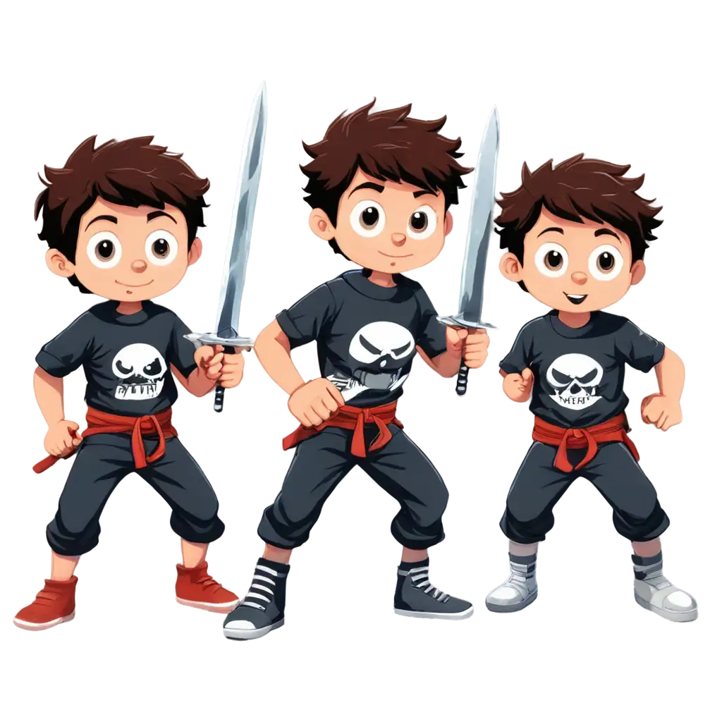 Three-Boys-Ready-to-Fight-with-Swords-Cartoon-PNG-Image