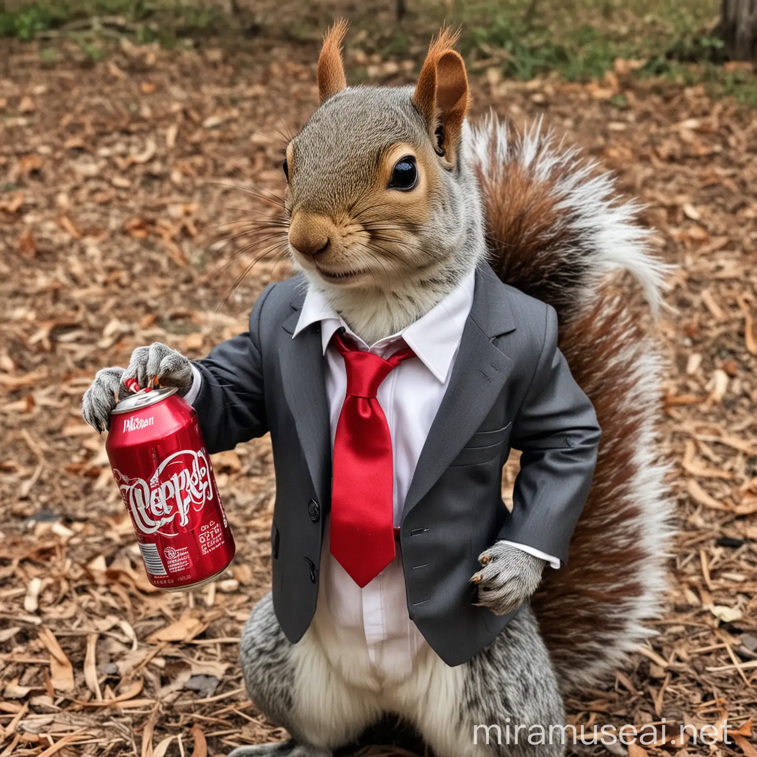 Squirrel in a Dapper Suit Enjoying Dr Pepper