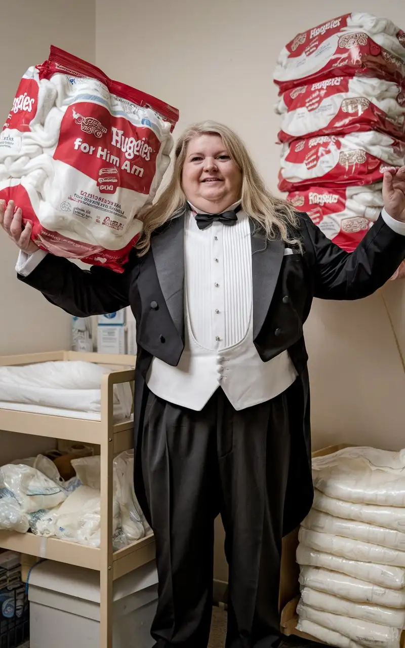 Smiling-MiddleAged-Woman-in-Formal-Tuxedo-Holding-Huggies-Diapers-in-Nursery