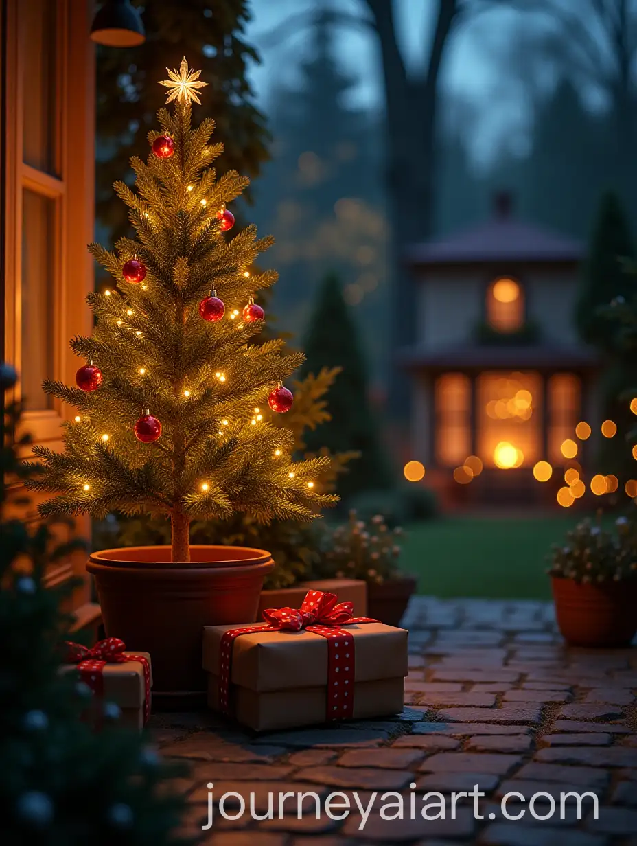 Packing-Gift-in-a-Tree-Pot-at-Home-Garden-with-Christmas-Decorations-and-Lights