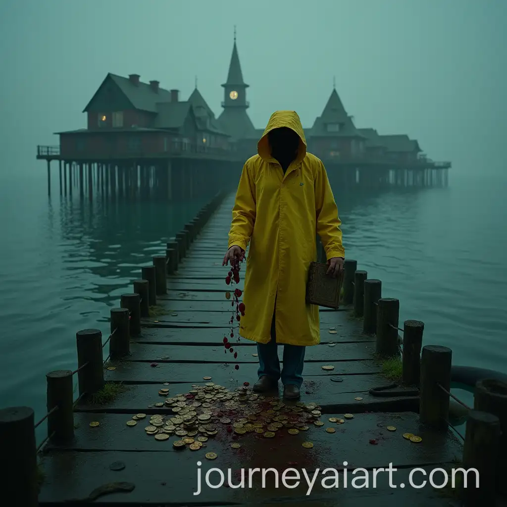 Mysterious-Figure-in-Yellow-Raincoat-on-Gloomy-City-Pier-with-Tentacles-and-Bloody-Coins