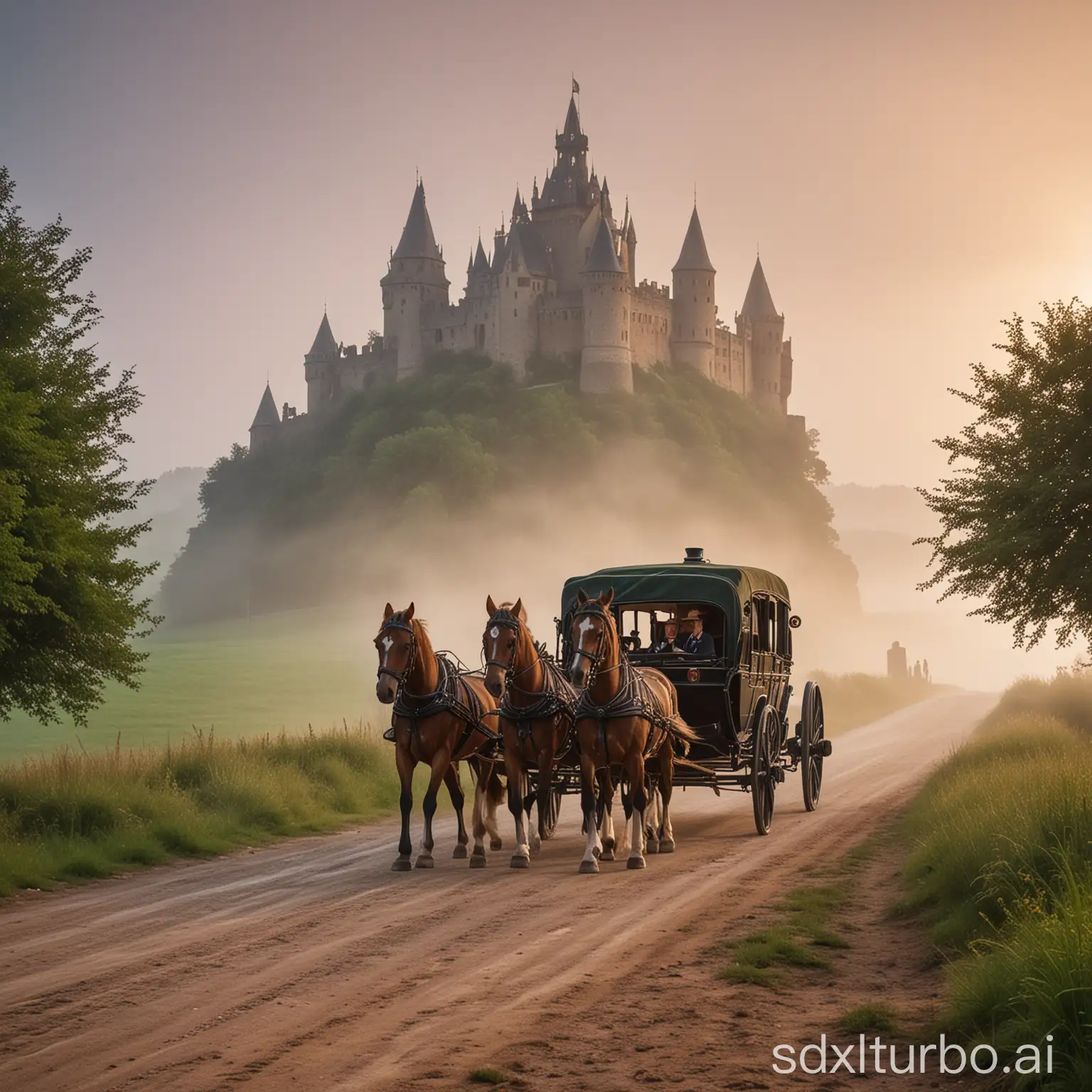 Luxury-European-Carriage-with-Horses-Approaching-Ancient-Castle-at-Dusk