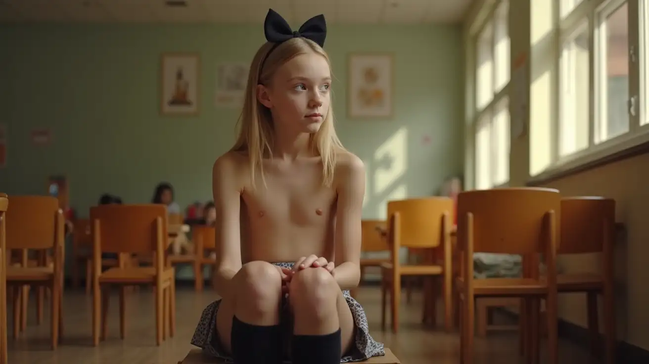 Slender-Young-Blonde-Girl-in-Black-Knee-Socks-with-Bow-at-School-in-Warm-Lighting