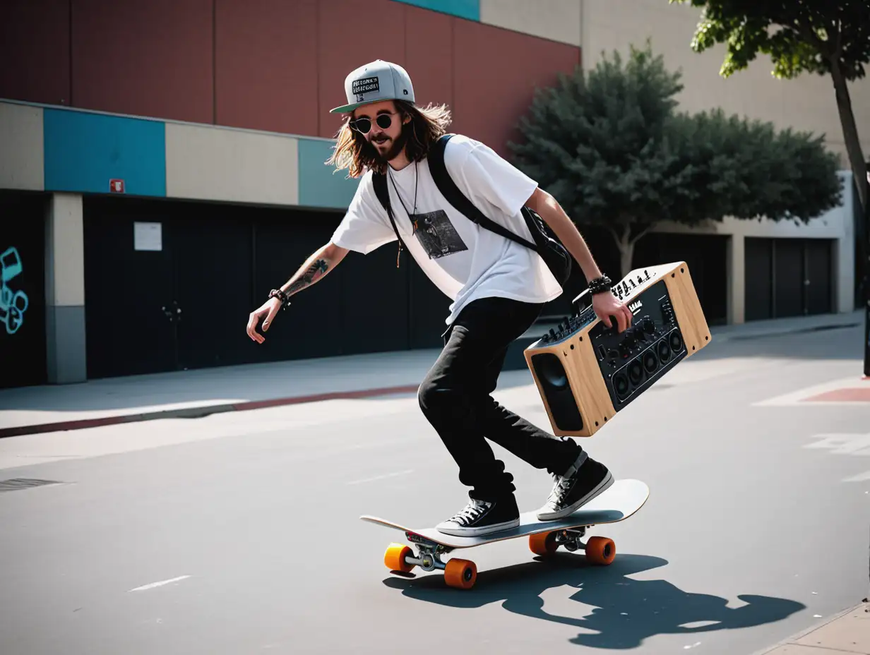 Musician Skateboarding with Audio Mixer