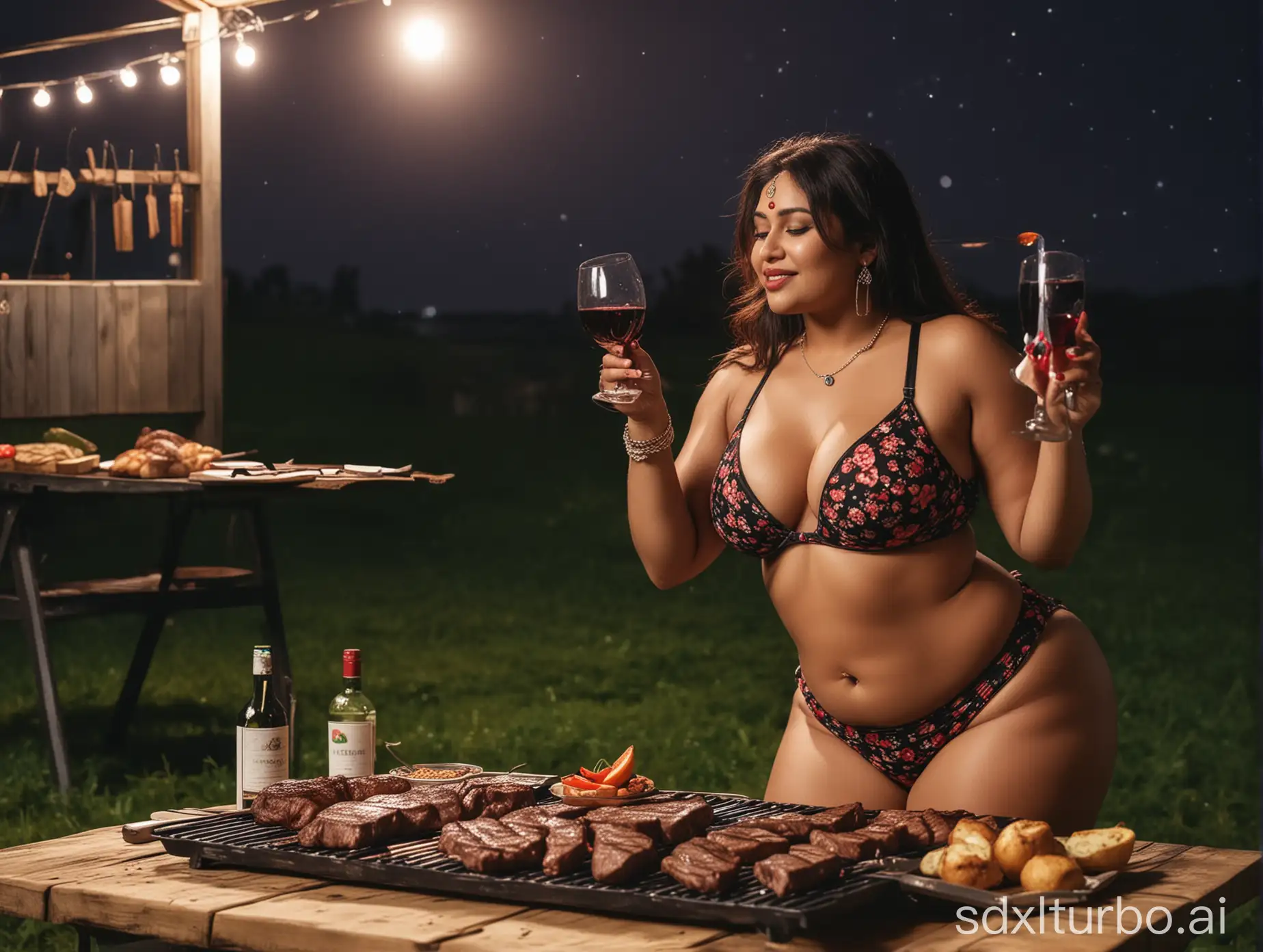 Indian-Woman-Enjoying-Barbecue-Steak-and-Wine-at-Night