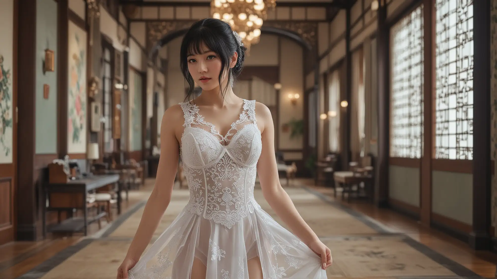 lingeriedressjapanese,8k, best quality, masterpiece, extremely detailed, rule of thirds, photo realistic, superb, HDR, high resolution, sharp focus, photo realistic rendering, extremely detailed description, professional, gorgeous and intricate detail,1girl,black hair with bang,medium shot, solo, white dress,white skin,luxury hall,<lora:LingerieDressJapanese:0.6>