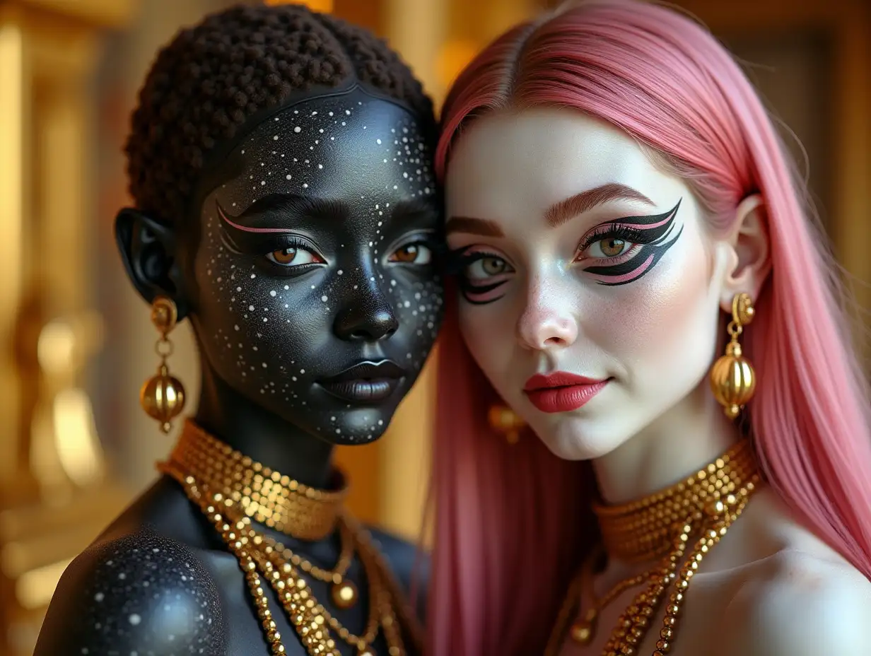 Two young women with black and white patterned faces, alien features, pink hair, a slight smile on their faces that underlines their smile, modern retro jewelry, in a temple with much gold in various shades 4k