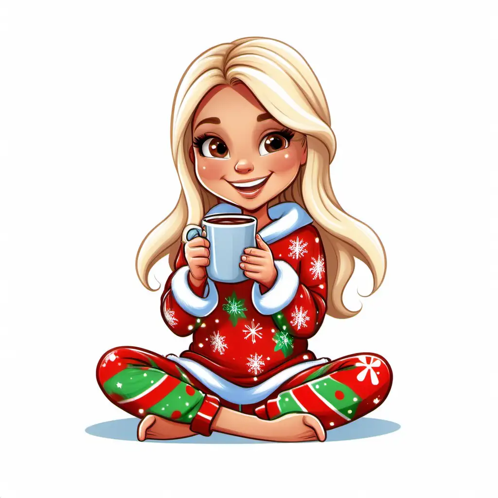 Caucasian Girl in Christmas Pajamas Smiling with Hot Chocolate