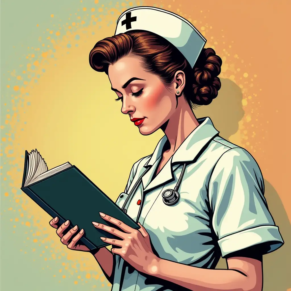 A nurse reads a book in pop art style