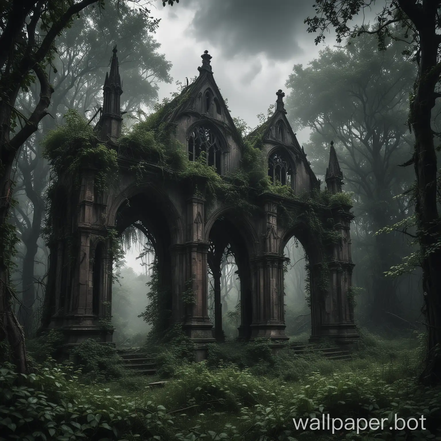 dark stormy overgrown forest with destroyed gothic architecture overtaken by nature