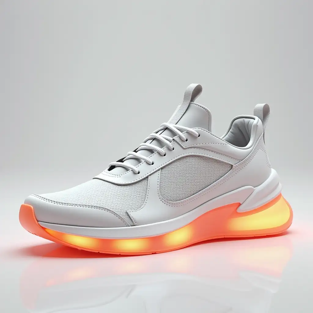 Design a futuristic sneaker with a sleek, modern aesthetic, featuring an adaptive LED-lit sole and premium materials. Create separate color variants with unique styles: White & Electric Orange – Clean, modern with a vibrant pop