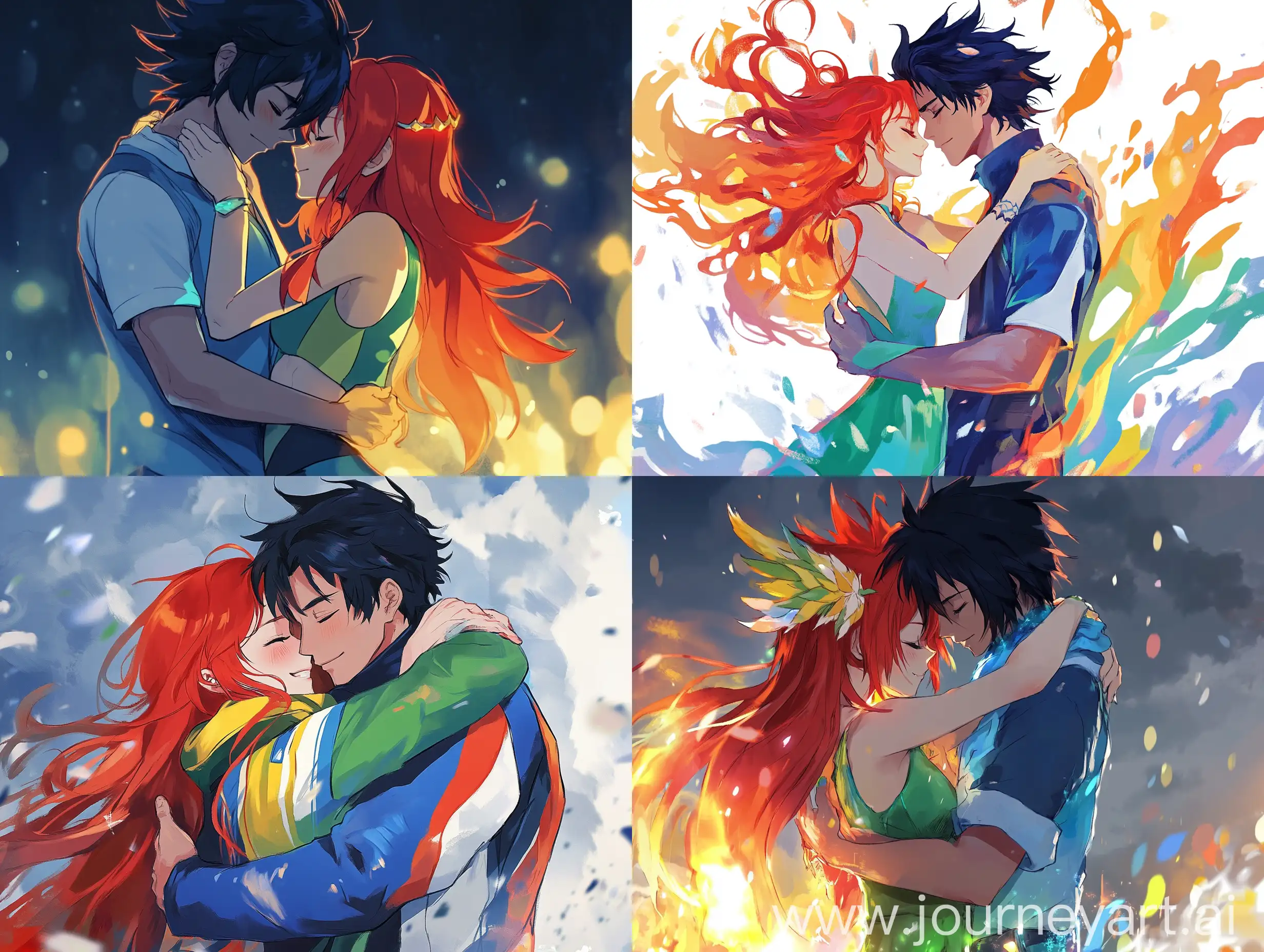 Anime-Style-Couple-Embracing-Fiery-RedHaired-Girl-and-Tall-Skinny-Guy-in-Colorful-Attire