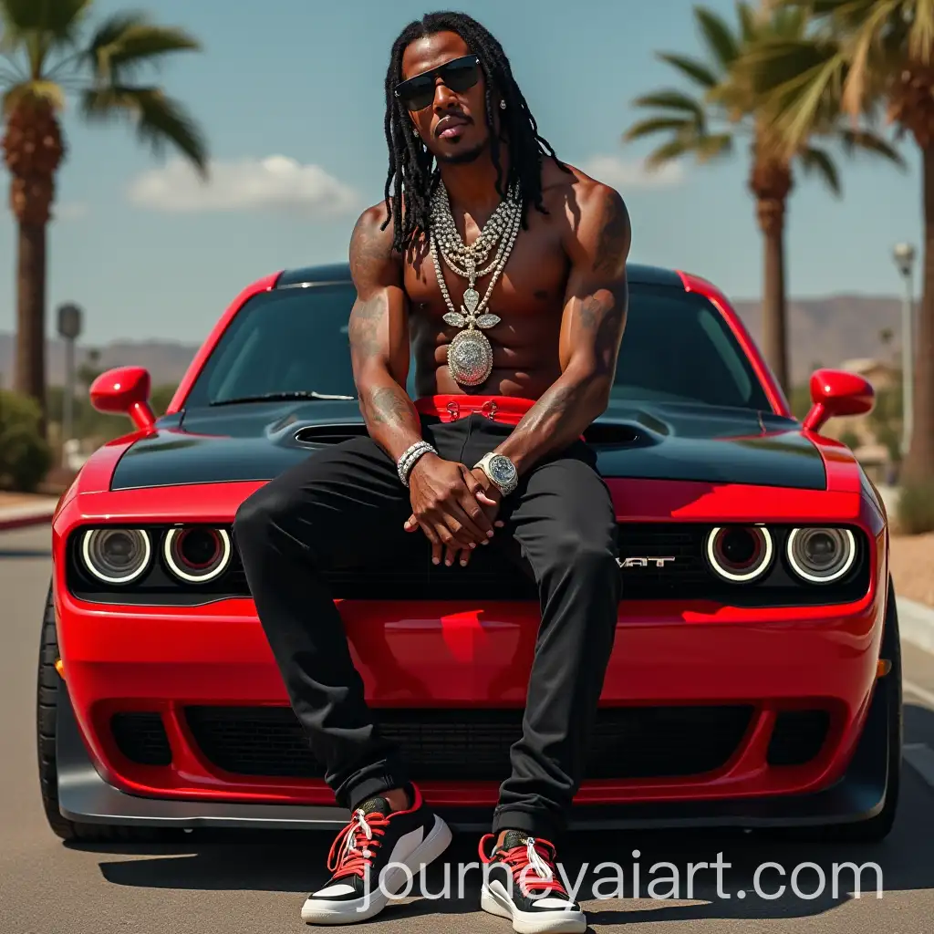 Trap-Music-Rapper-Flexing-in-Expensive-Clothes-with-Big-Jewelry-on-Hellcat-Challenger